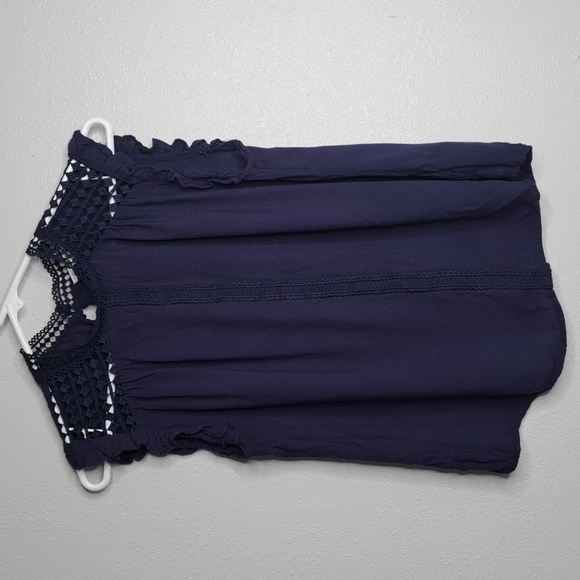 E & M Tops - E & M Blue Top Sleeveless Lace Neckline Keyhole Back